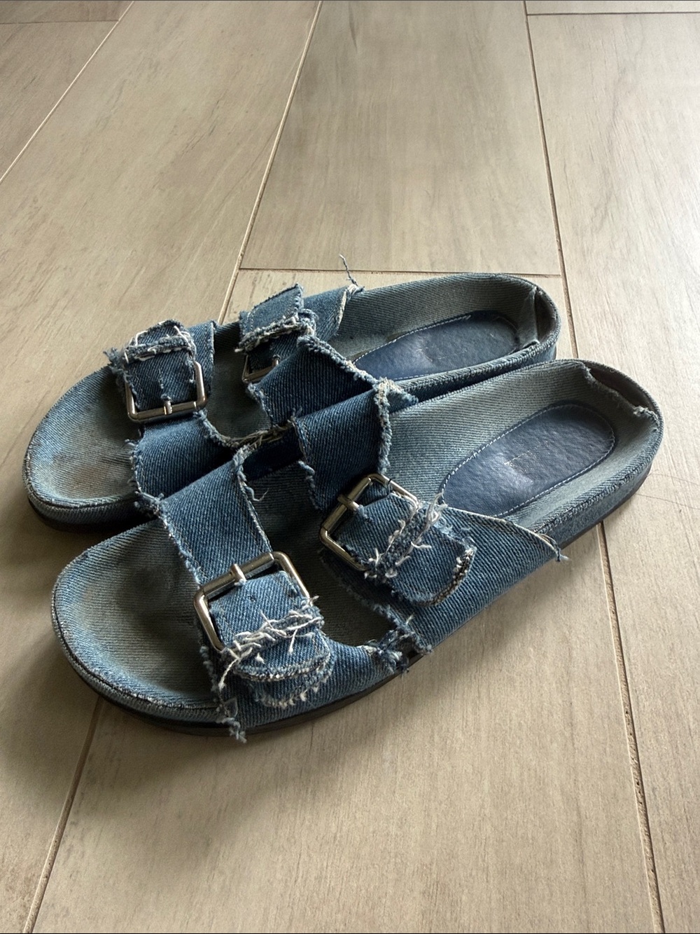 Zara Frayed Denim Double-Buckle Slide Sandals - Blue